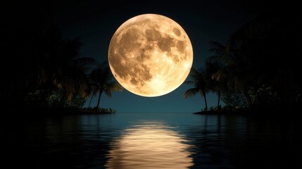 full moon reflection on tropical lake with silhouetted palm trees