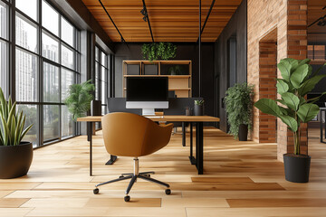 Modern office interior design featuring natural elements, lush plants, and stylish furniture, creating a tech-savvy, inviting workspace filled with natural light, with copy space.