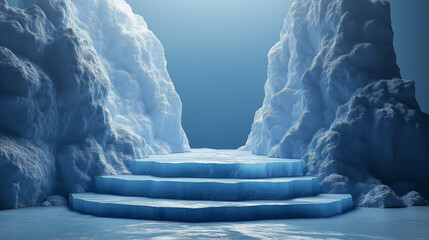 winter scene and natural podium background, ice podium on the snow ground in the ice snow cave for p