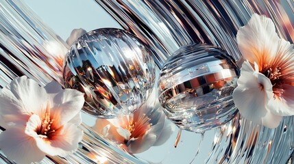 Wall Mural - abstract metallic spheres and delicate flowers in harmonious contrast