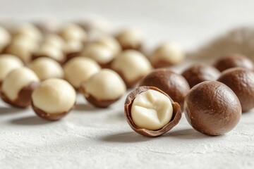 A close-up view of macadamia nuts showcasing their creamy texture and inviting colors