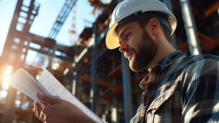 Engineer in hard hat, checking construction schedule on-site, crane and steel beams in the background, photorealistic