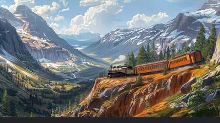 Wall Mural - Illustrate a passenger train on a scenic mountain pass with steep inclines and sweeping views of the valleys below