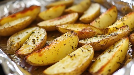 Sticker - Roasted potato wedges, seasoned with herbs and spices, lie on a foil tray, fresh from the oven with a golden, crispy finish.