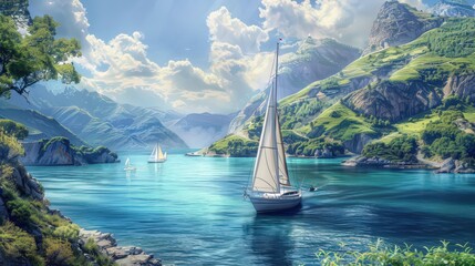 Sticker - Illustrate a sailboat anchored in a picturesque bay, with lush green hills surrounding the harbor and a few other boats drifting in the distance