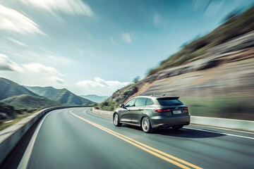 Dynamic high-speed car driving on a scenic winding road through rugged terrain and natural landscapes under a clear sky. Ideal for travel blogs, automotive articles, and dynamic photography.