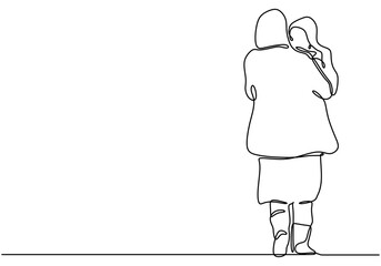 Wall Mural - Mother carrying her child in one continuous line drawing. Minimalist design for immigrant parenting