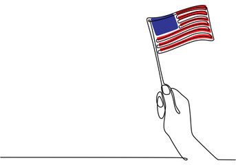 Hand holding the American flag in continuous line art. Minimalist design symbolizing patriotism and freedom.