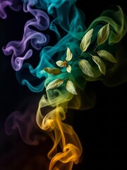 Mystical swirling colorful smoke, ethereal vibrant hues, floating seed pods, dark background, surreal, fantasy art, intricate details, whimsical composition, enchanting atmosphere
