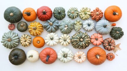 Wall Mural - Variety of pumpkins arranged on white backdrop