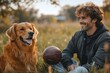 © Rahul - father sitting on grass near pleased teenager son with football and golden retriever, Generative AI