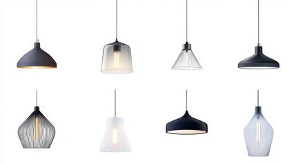 Set of various modern hanging lamps in different styles, displayed on a smooth white background, perfect for clean and simple lighting banner layouts.