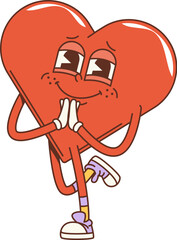 Poster - Cartoon groovy math geometric heart figure. Isolated vector personage for kids education. Red blushing heart with a shy smile, wears socks and sneakers, embodies love with a playful, hippie twist