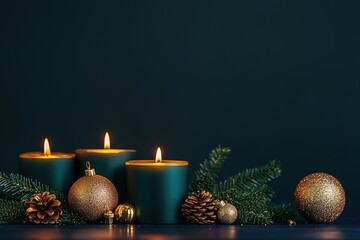 candles with pine cones and golden baubles on dark green.
