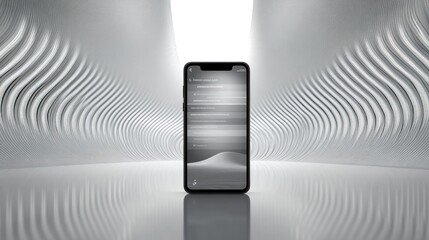 Wall Mural - A sleek smartphone displayed in a futuristic, wavy environment, emphasizing technology.