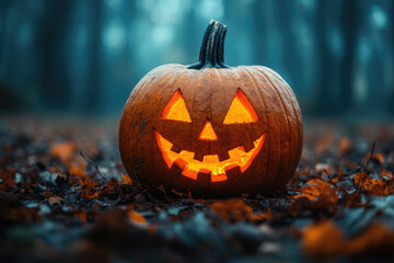 Wall Mural - A pumpkin with a smiley face carved into it sits on the ground. The pumpkin is orange and has a light inside, making it look like it's smiling. The scene is set in a forest