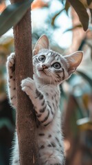 vertical photography of a funny animal white and grey spotted kitty hugging a thin brown branch of a young mango tree outdoors