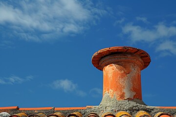 A close-up of an orange chimney against a blue sky with white clouds. The chimney has a weathered look and a round shape.