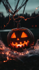 Wall Mural - A pumpkin with a scary face is lit up and placed on a Halloween scene. The scene is dark and spooky, with a spider web and other Halloween decorations. The pumpkin is the main focus of the image