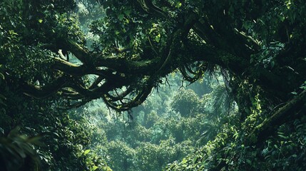 Wall Mural - dense tropical forest canopy with thick branches and foliage, sunlight filtering through the leaves,