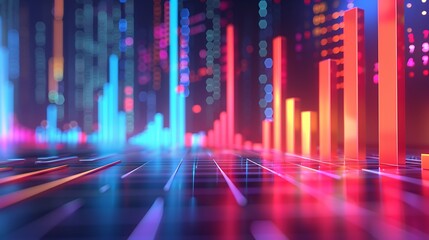Wall Mural - digital illustration of a futuristic cityscape with neon lights, glowing geometric shapes, and an ab
