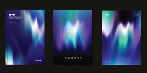Wall Mural - Modern gradient poster aurora design vector set. Minimalist cover template with vibrant northern light collection. Ideal design for background, social media, cover, banner, flyer, ads.