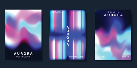Wall Mural - Modern gradient poster aurora design vector set. Minimalist cover template with vibrant northern light collection. Ideal design for background, social media, cover, banner, flyer, ads.