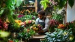 © Jang - A small business flower shop with the owner making a floral arrangement, vibrant colors, and lush green plants filling the space