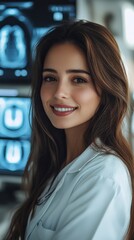 Female doctor smiling in medical MRI scan monitor room, Generative AI