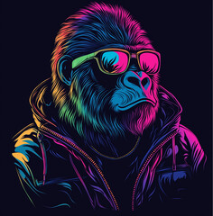 A stylish gorilla wearing sunglasses and a jacket striking a confident pose against a dark background