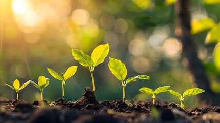 Wall Mural - group of seedlings emerge from the ground in the sunlight, representing growth and new life.