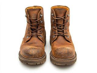 An old and used pair of working boots isolated on white background. Generative AI