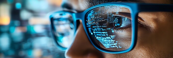 Close-up of a person's eye with code reflecting in their glasses.