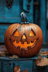 Wall Mural - A pumpkin with a smiley face carved into it. The pumpkin is sitting on a surface with leaves and is lit up