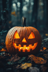 Wall Mural - A pumpkin with a smiley face carved into it sits on the ground. The pumpkin is orange and has a light inside, making it look like it's smiling. The scene is set in a forest