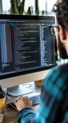 Canvas Print - A person coding on a computer with a dark screen displaying programming languages.