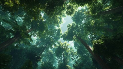 Wall Mural - looking up at the canopy of a lush, green rainforest with sun rays breaking through the leaves.