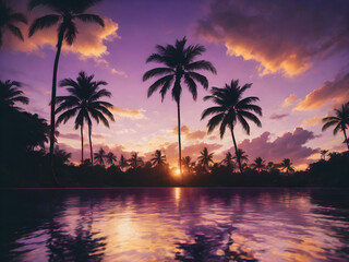 A peaceful tropical sky at dusk, with the sun setting behind a row of palm trees and the sky turning shades of purple and gold
