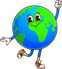 Poster - Earth solar system groovy planet character. Isolated cartoon vector friendly space object with retro, playful, energetic 60s and 70s vibes, wearing sneakers, ready for teaching children in a fun way