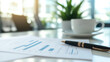 © Keitma - Morning results review concept image with financial graphs KPI printed on paper, placed on a white office desk with a pen and coffee cup beside