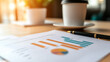 © Keitma - Morning results review concept image with financial graphs KPI printed on paper, placed on a white office desk with a pen and coffee cup beside