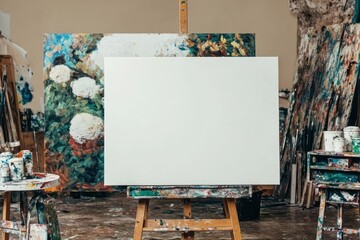 Canvas Print - A blank canvas on an easel in an artist's studio, surrounded by colorful paint and tools.