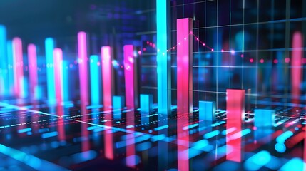 Wall Mural - abstract representation of business data using a 3d bar graph with a neon glow effect.