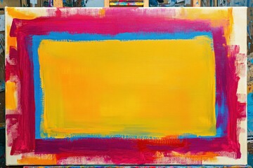 Canvas Print - Abstract painting with vibrant yellow center framed by bold red and blue strokes.