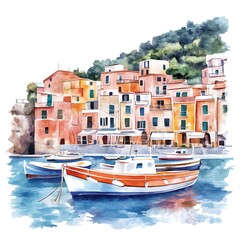 Wall Mural - Watercolor Painting of Boats Docked in a Picturesque Italian Harbor.