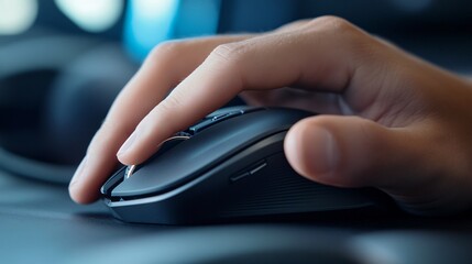 A close-up of a hand using a vertical ergonomic mouse, with a focus on the device’s unique shape and comfort design