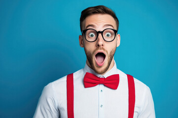 A man with glasses and a red bow tie is making a surprised face. Concept of humor and playfulness, as the man's exaggerated expression and attire suggest that he is trying to be funny or entertaining