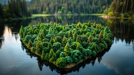 Wall Mural - A heart-shaped island of lush green trees surrounded by calm waters reflects nature's beauty at dusk. Generative AI