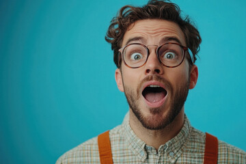 Canvas Print - A man with glasses and a beard is making a surprised face. The image has a lighthearted and humorous mood