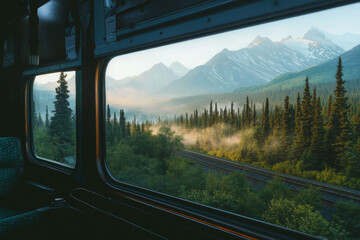 A scenic view from a train window showcasing mountains, forests, and misty landscapes.